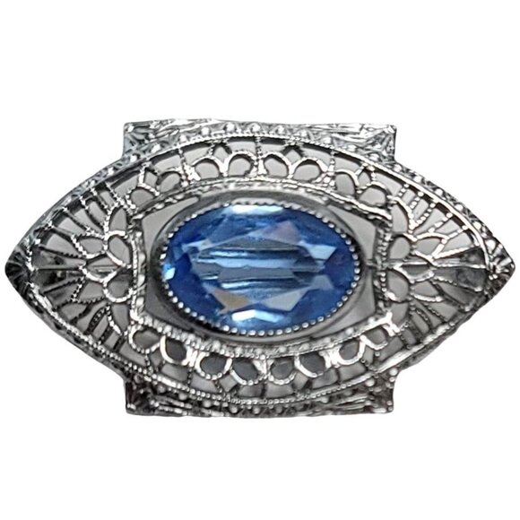 Silver-Tone Art Deco Blue Glass Open Back Filigree Bar Pin - Picture 1 of 8